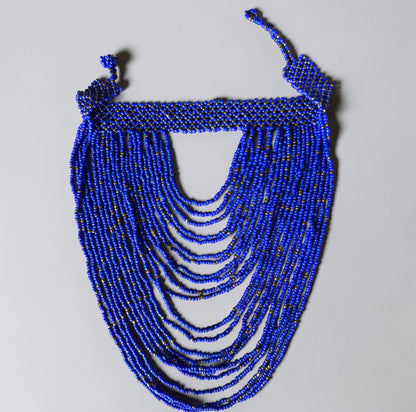 African Graduated Beaded Bib Necklace – Blue, Handmade Statement Choker - Fatisha Boutique
