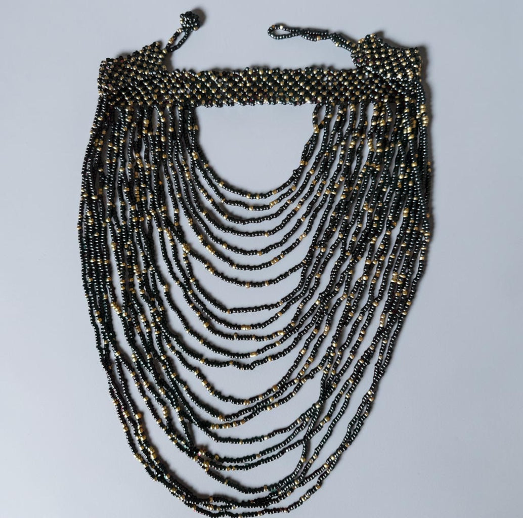 African Graduated Beaded Bib Necklace – Black, Handmade Statement Choker - Fatisha Boutique