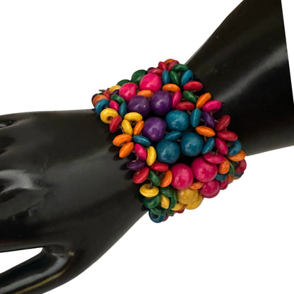 Multicolour Boho Wooden Bead Stretch Statement Bracelet