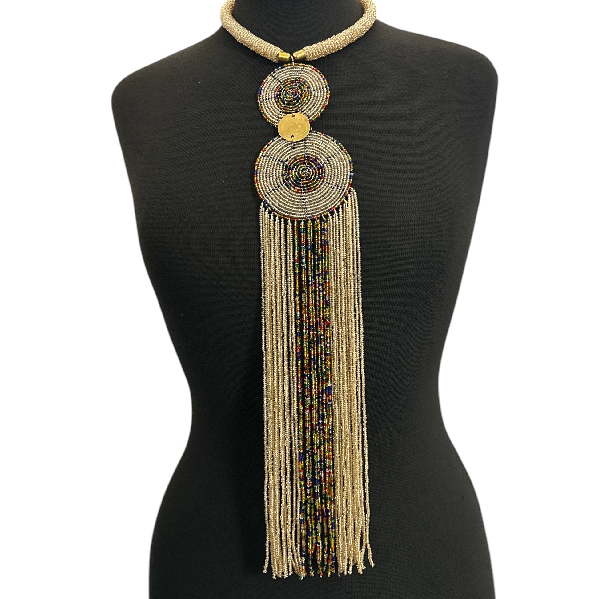 Maasai-Style Beaded Fringe Necklace – Champagne Gold Medallion Statement Piece - Fatisha Boutique