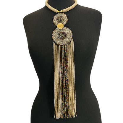 Maasai-Style Beaded Fringe Necklace – Champagne Gold Medallion Statement Piece - Fatisha Boutique