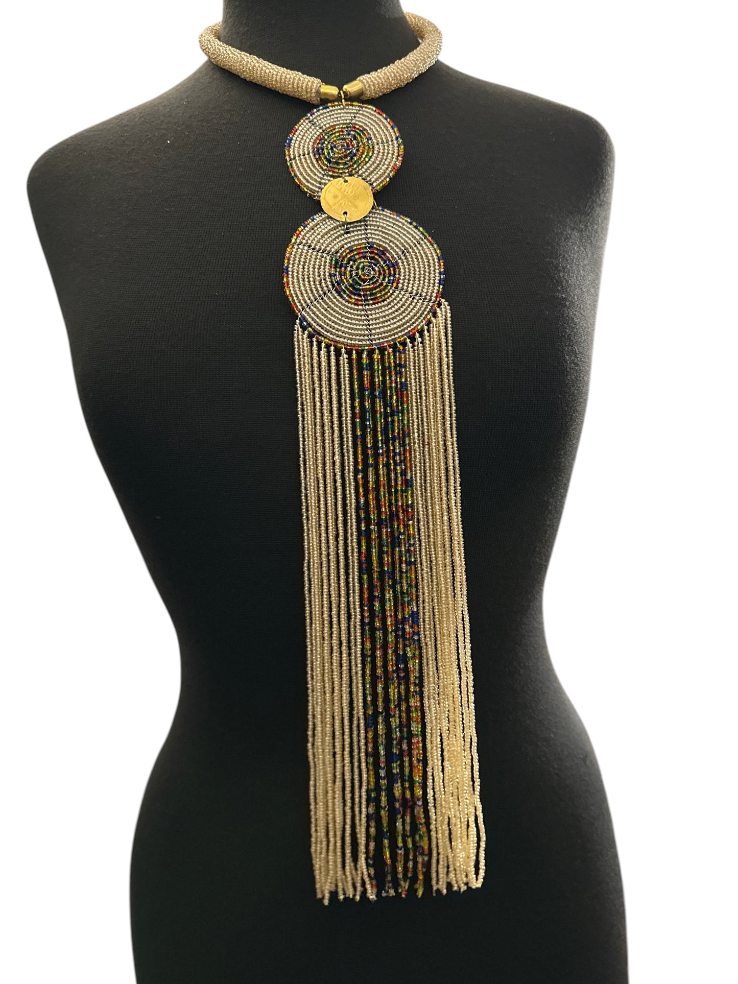 Maasai-Style Beaded Fringe Necklace – Champagne Gold Medallion Statement Piece - Fatisha Boutique Fatisha Boutique
