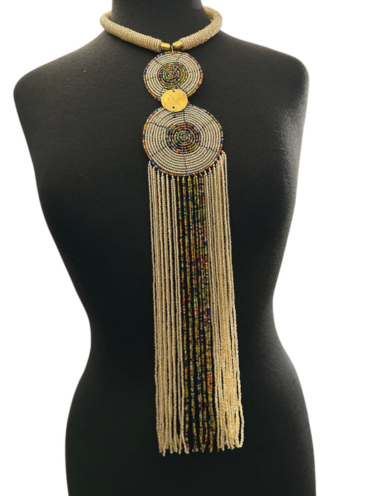 Maasai-Style Beaded Fringe Necklace – Champagne Gold Medallion Statement Piece - Fatisha Boutique