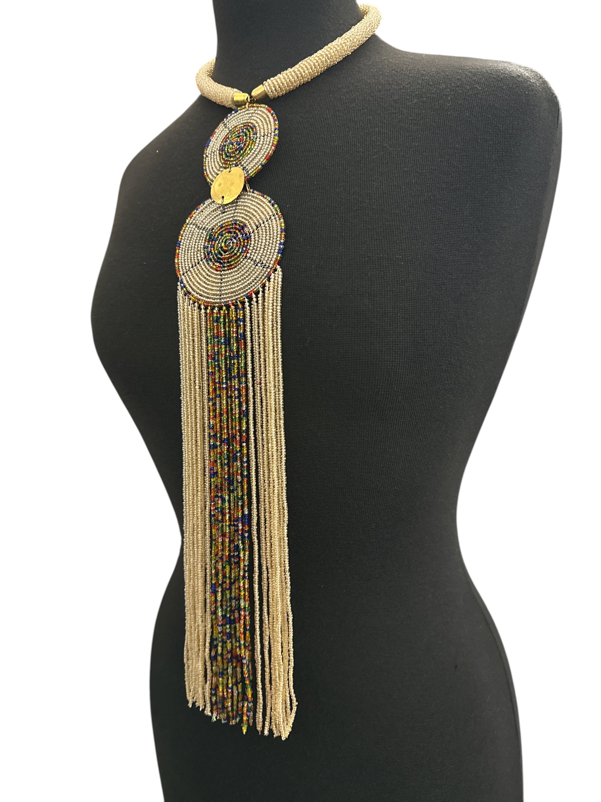 Maasai-Style Beaded Fringe Necklace – Champagne Gold Medallion Statement Piece - Fatisha Boutique