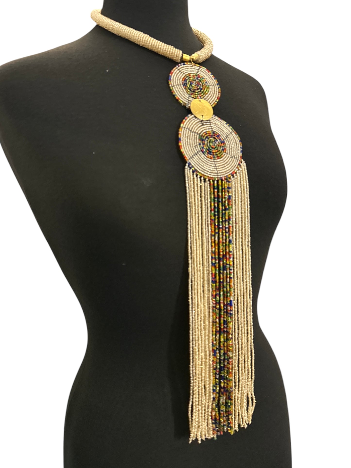Maasai-Style Beaded Fringe Necklace – Champagne Gold Medallion Statement Piece - Fatisha Boutique Fatisha Boutique