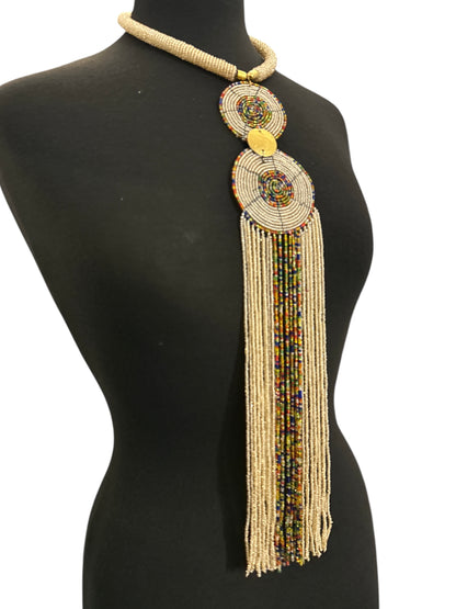 Maasai-Style Beaded Fringe Necklace – Champagne Gold Medallion Statement Piece - Fatisha Boutique