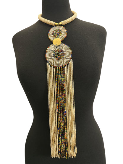 Maasai-Style Beaded Fringe Necklace – Champagne Gold Medallion Statement Piece - Fatisha Boutique