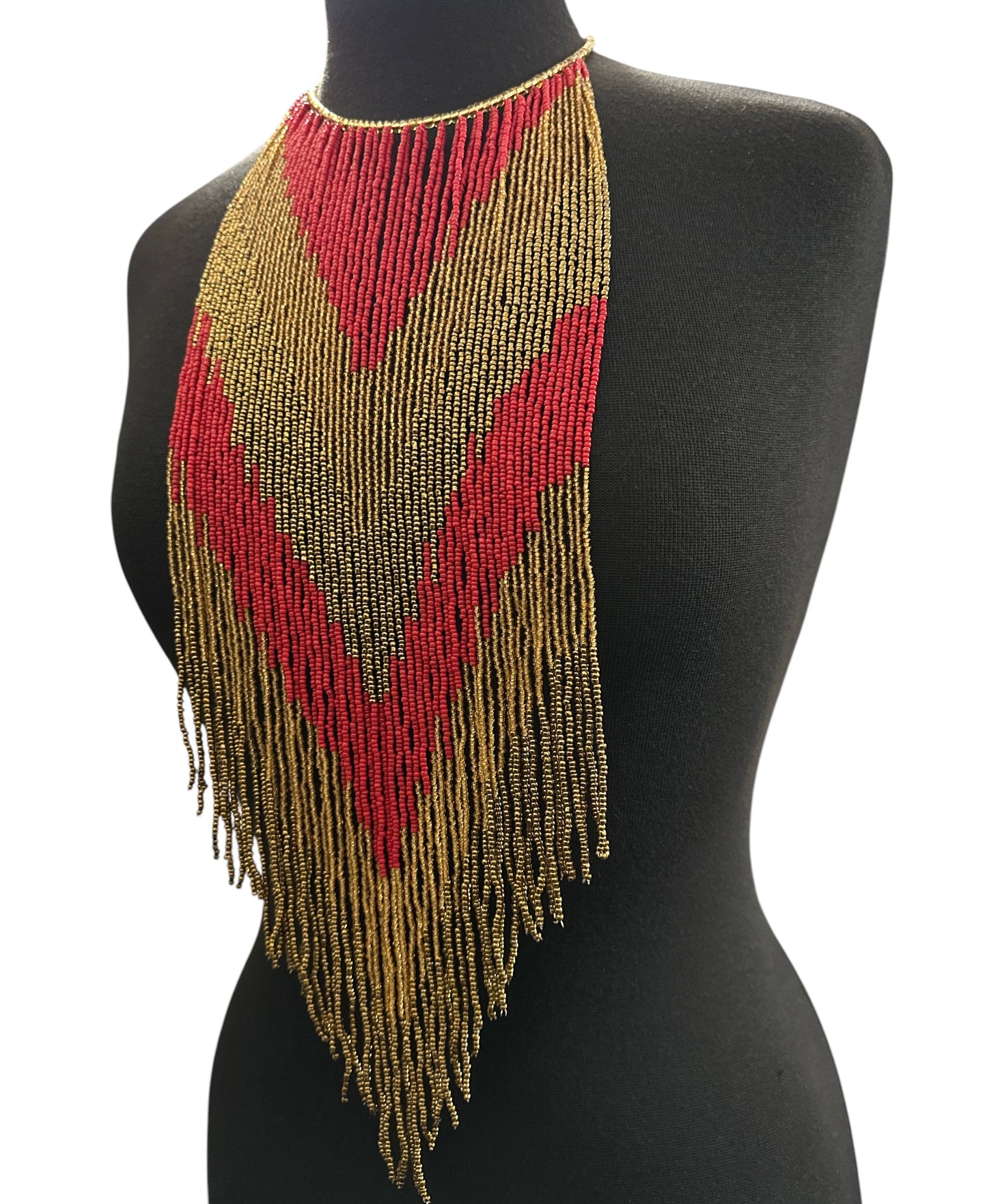 Red & Gold African-Inspired Long Beaded Fringe Necklace - Fatisha Boutique Fatisha Boutique