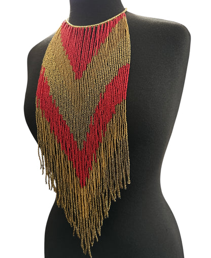 Red & Gold African-Inspired Long Beaded Fringe Necklace - Fatisha Boutique