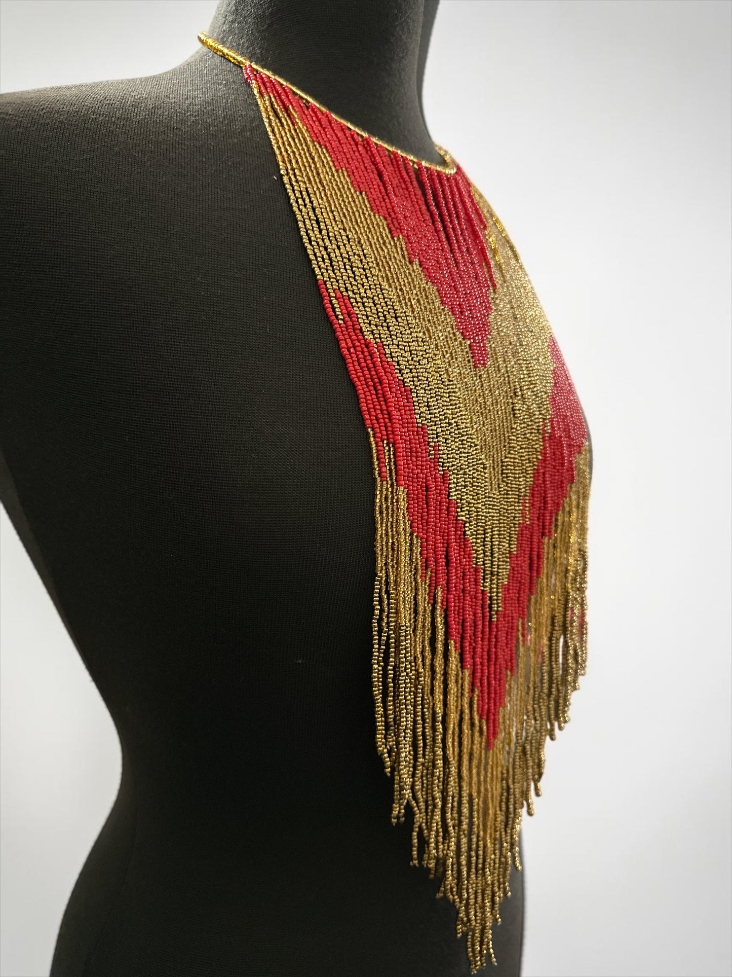 Red & Gold African-Inspired Long Beaded Fringe Necklace - Fatisha Boutique Fatisha Boutique