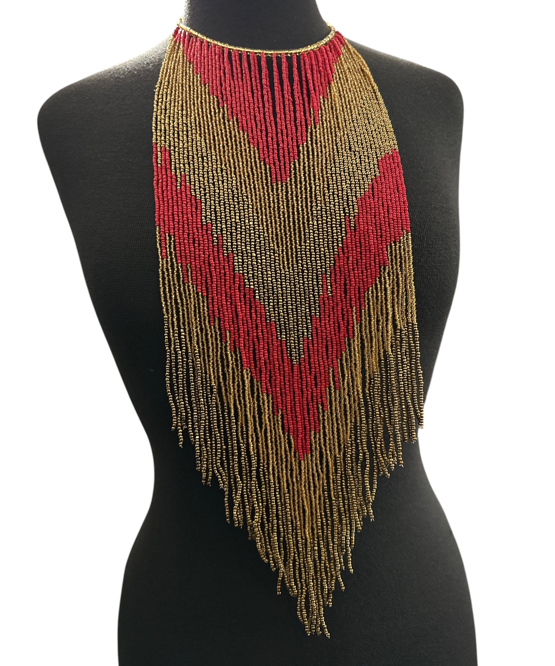 Red & Gold African-Inspired Long Beaded Fringe Necklace - Fatisha Boutique