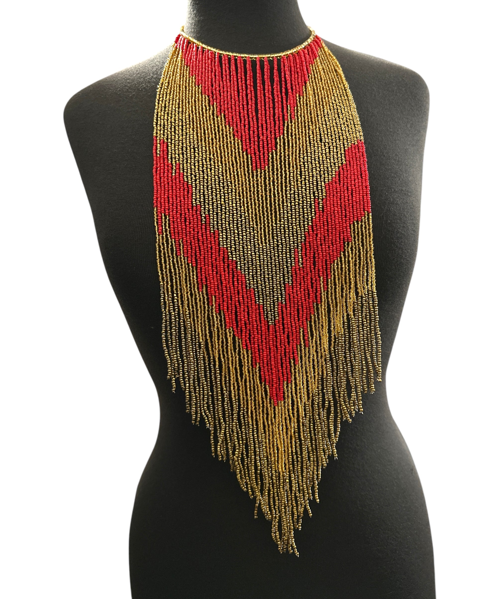 Red & Gold African-Inspired Long Beaded Fringe Necklace - Fatisha Boutique