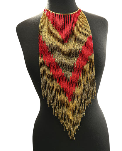 Red & Gold African-Inspired Long Beaded Fringe Necklace - Fatisha Boutique