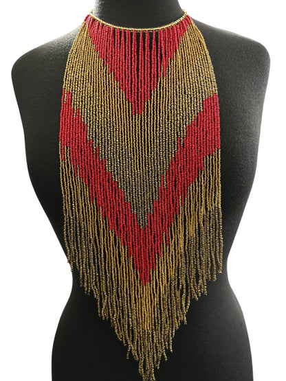 Red & Gold African-Inspired Long Beaded Fringe Necklace - Fatisha Boutique