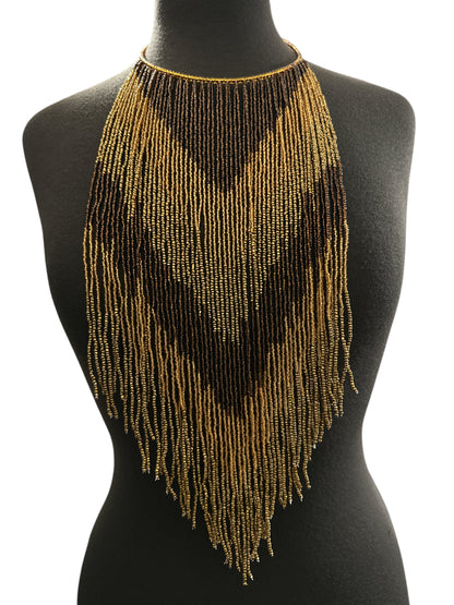 Brown & Gold African-Inspired Long Beaded Fringe Necklace - Fatisha Boutique