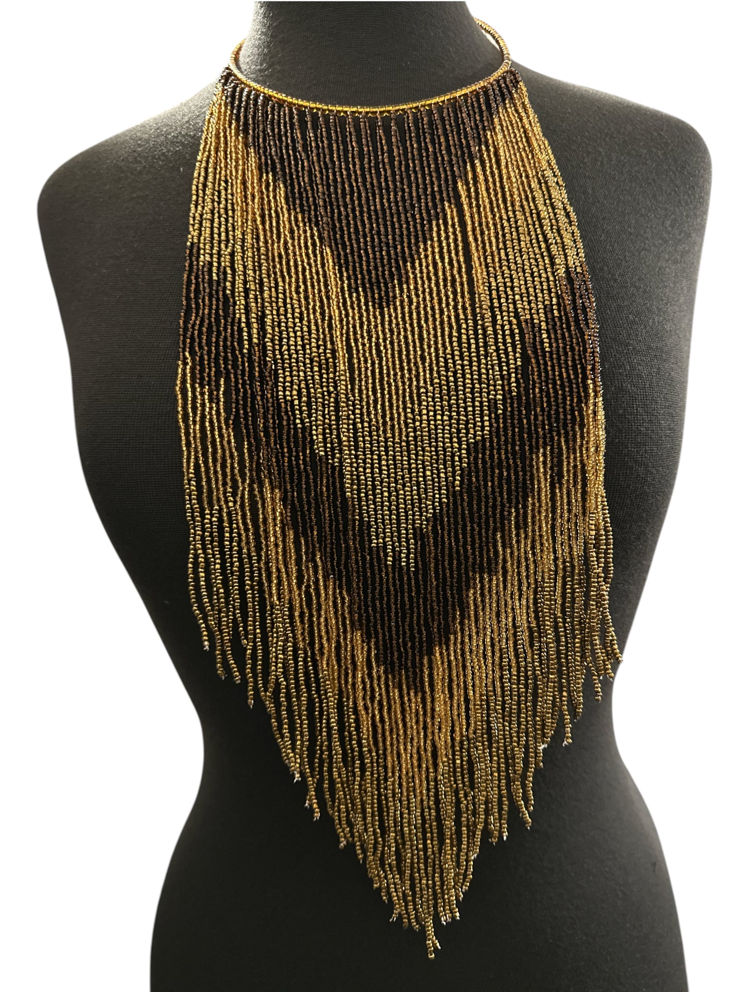 Brown & Gold African-Inspired Long Beaded Fringe Necklace - Fatisha Boutique Fatisha Boutique