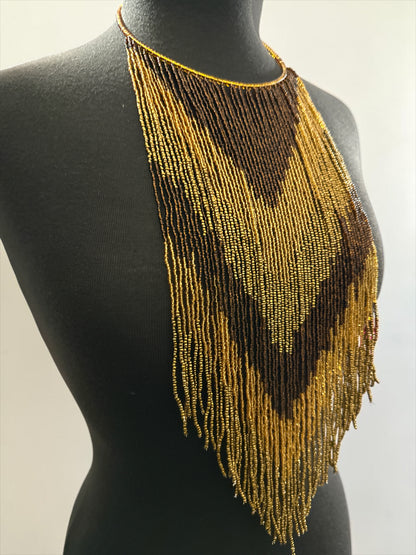 Brown & Gold African-Inspired Long Beaded Fringe Necklace - Fatisha Boutique