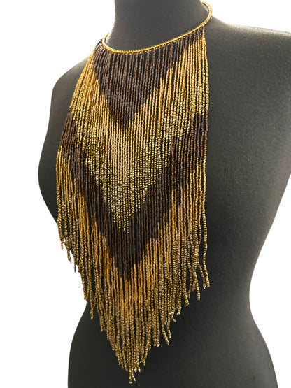 Brown & Gold African-Inspired Long Beaded Fringe Necklace - Fatisha Boutique