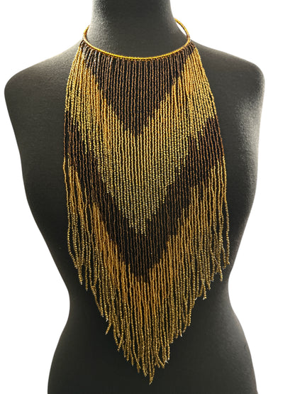 Brown & Gold African-Inspired Long Beaded Fringe Necklace - Fatisha Boutique