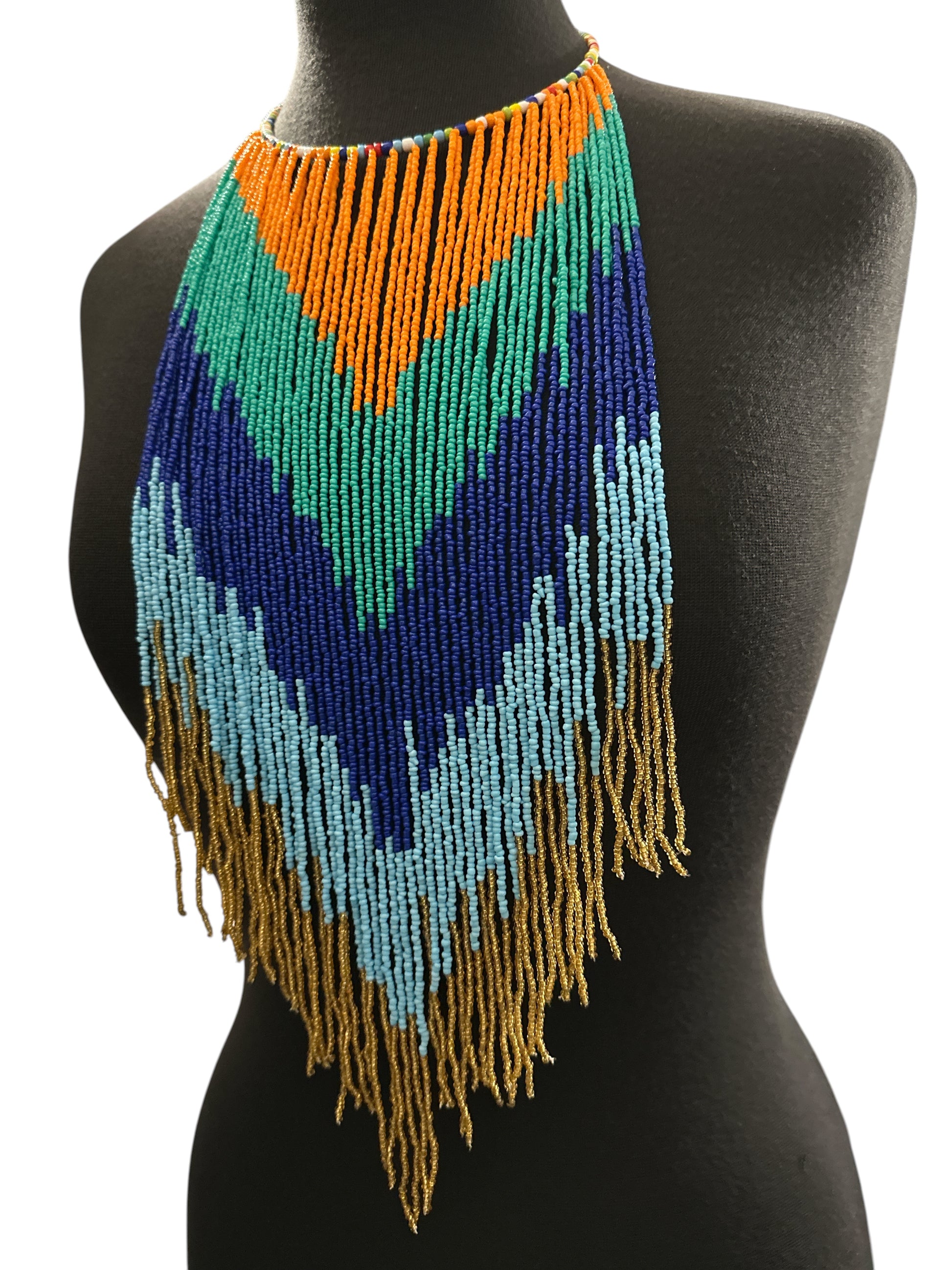 African Beaded Fringe Bib Necklace – Chevron Colour-Block Statement - Fatisha Boutique