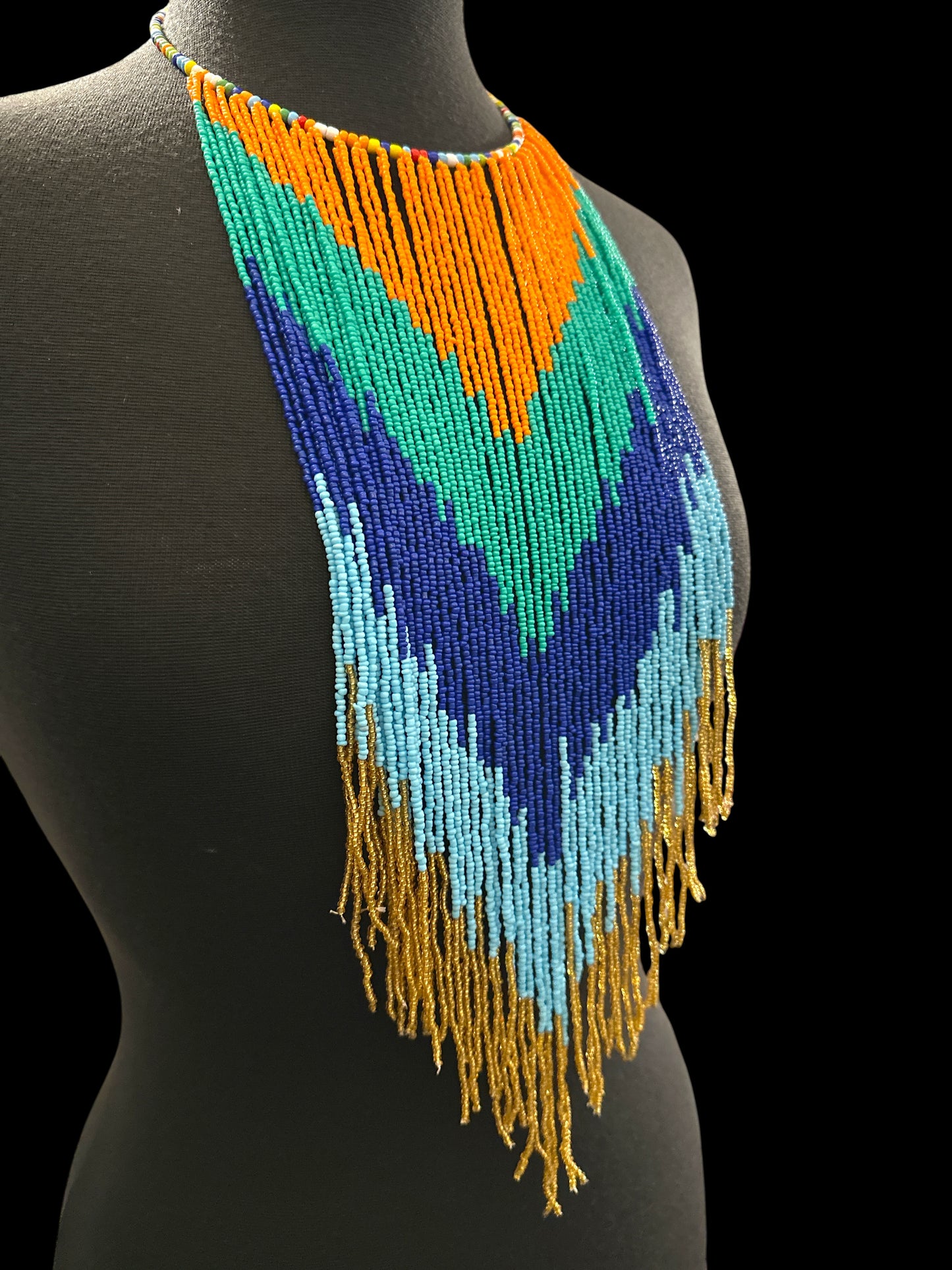 African Beaded Fringe Bib Necklace – Chevron Colour-Block Statement - Fatisha Boutique Fatisha Boutique