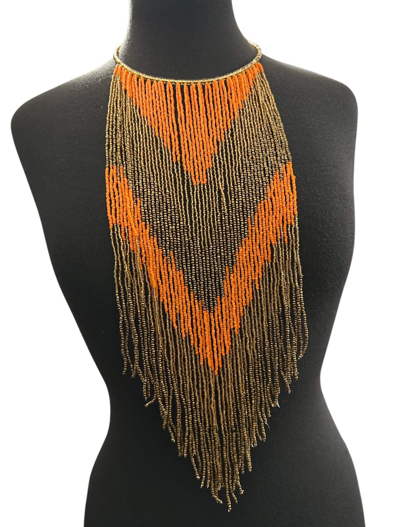 Orange & Gold African Long Beaded Fringe Necklace - Fatisha Boutique Fatisha Boutique