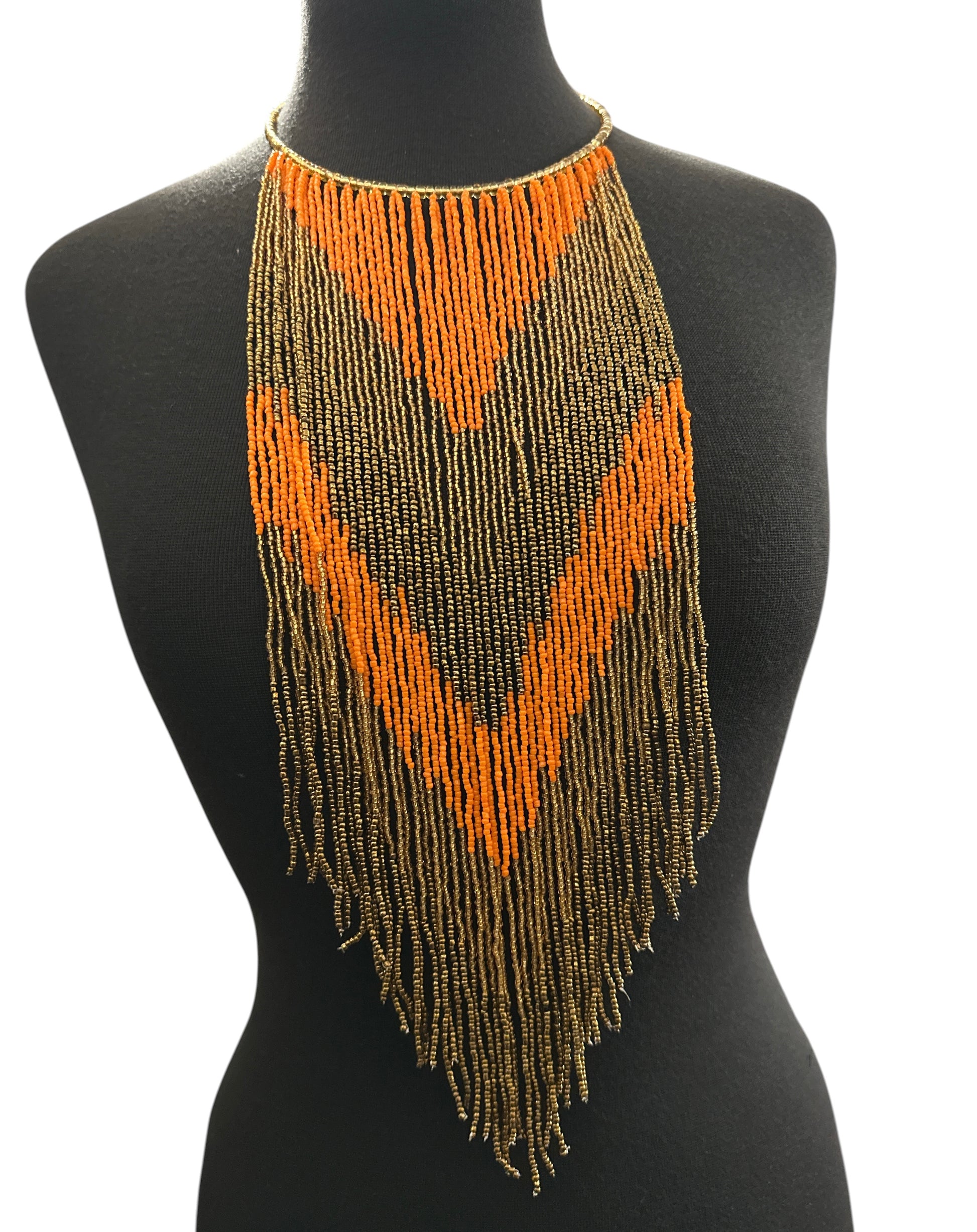 Orange & Gold African Long Beaded Fringe Necklace - Fatisha Boutique