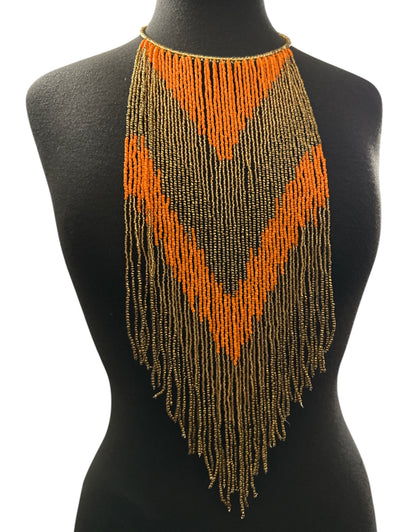 Orange & Gold African Long Beaded Fringe Necklace - Fatisha Boutique