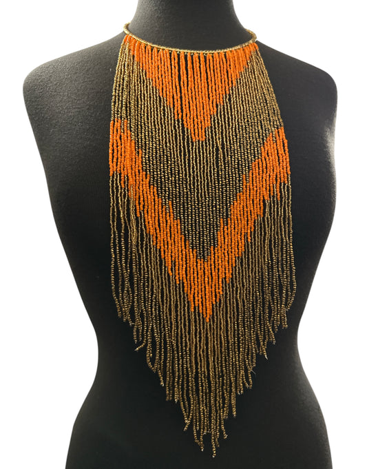 Orange & Gold African Long Beaded Fringe Necklace - Fatisha Boutique