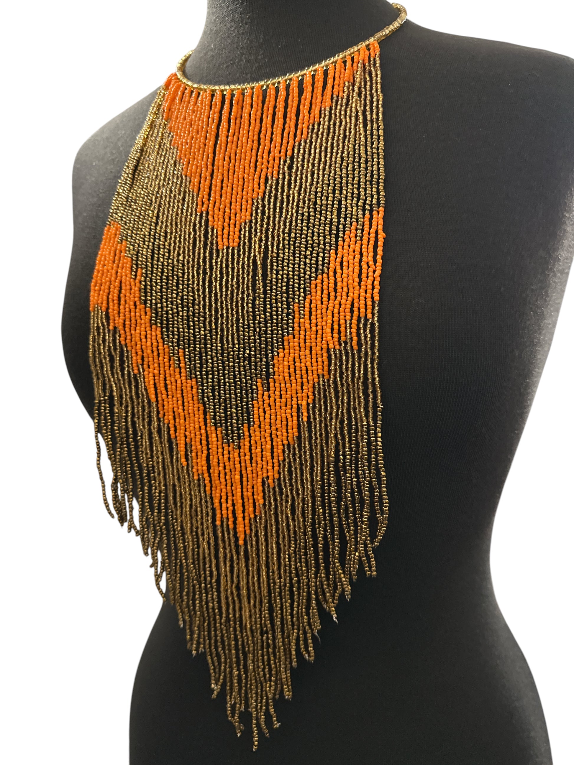 Orange & Gold African Long Beaded Fringe Necklace - Fatisha Boutique