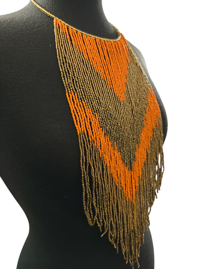 Orange & Gold African Long Beaded Fringe Necklace - Fatisha Boutique