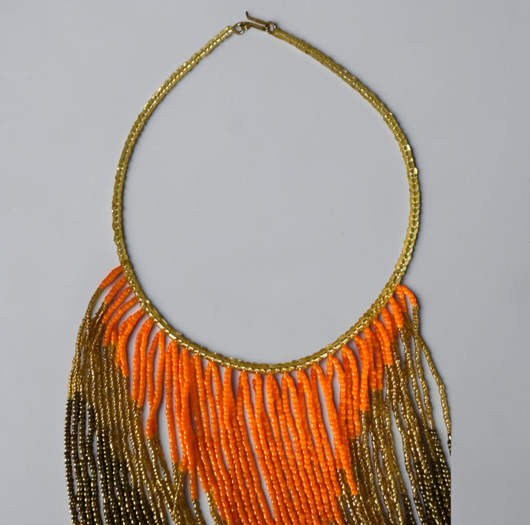 Orange & Gold African Long Beaded Fringe Necklace - Fatisha Boutique