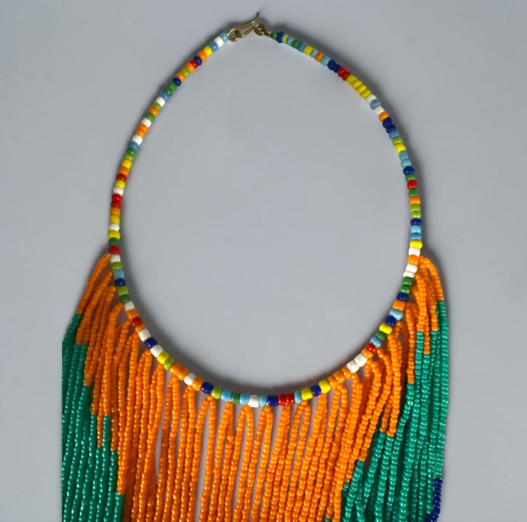 African Beaded Fringe Bib Necklace – Chevron Colour-Block Statement - Fatisha Boutique Fatisha Boutique