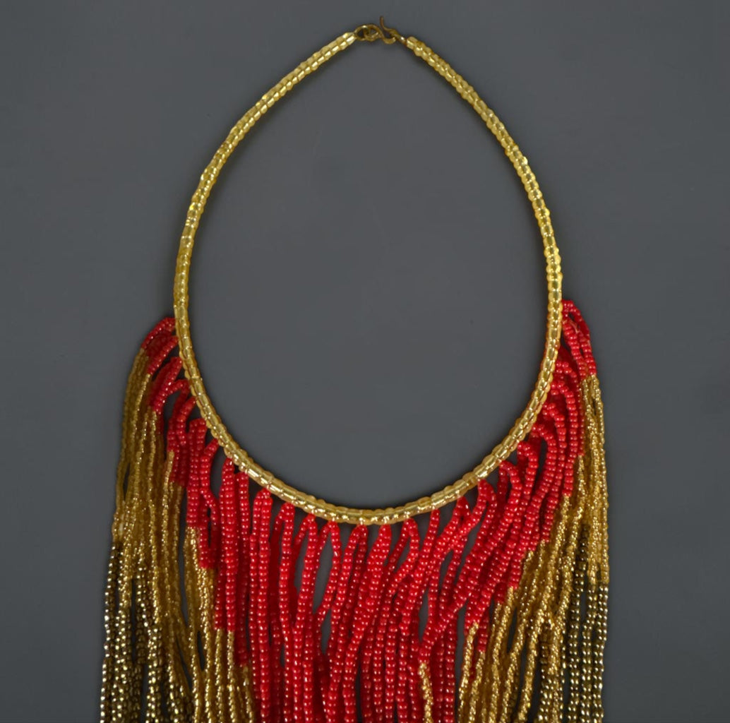 Red & Gold African-Inspired Long Beaded Fringe Necklace - Fatisha Boutique