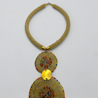 Maasai-Style Beaded Fringe Necklace – Champagne Gold Medallion Statement Piece - Fatisha Boutique