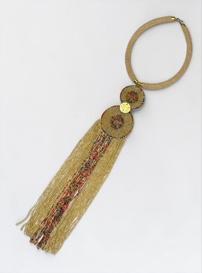 Maasai-Style Beaded Fringe Necklace – Champagne Gold Medallion Statement Piece - Fatisha Boutique