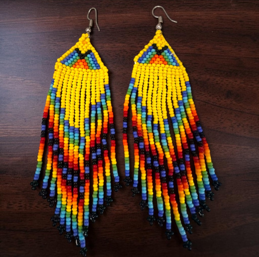 Yellow African Beaded Earrings – Handmade Multicoloured Fringe Drop - Fatisha Boutique