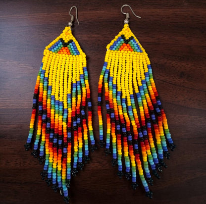 Yellow African Beaded Earrings – Handmade Multicoloured Fringe Drop - Fatisha Boutique