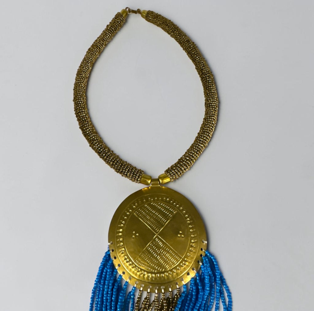 African Handmade Blue Tassel Statement Necklace – Brass Medallion Fringe - Fatisha Boutique