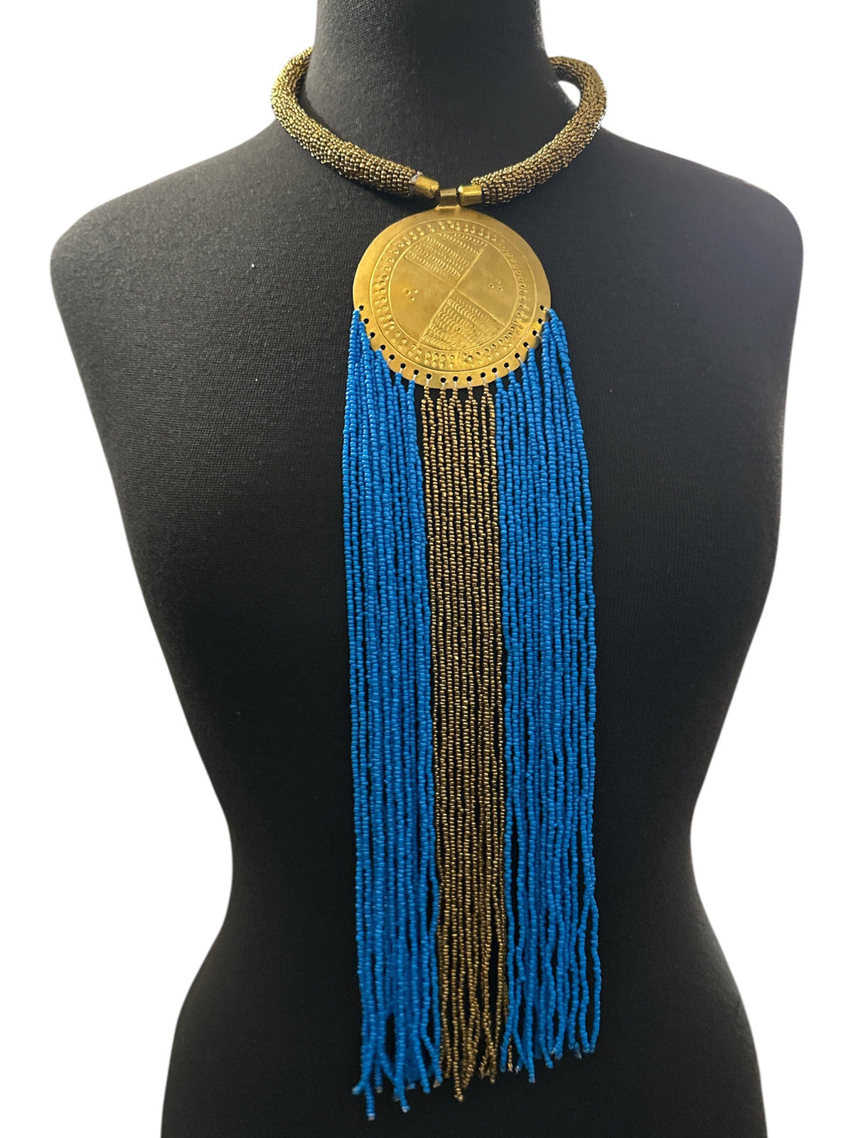 African Handmade Blue Tassel Statement Necklace – Brass Medallion Fringe - Fatisha Boutique Fatisha Boutique