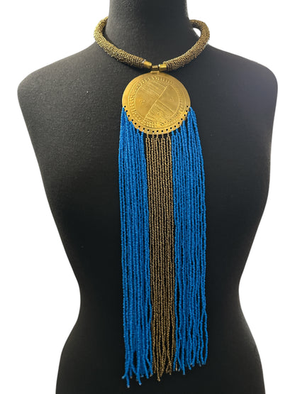 African Handmade Blue Tassel Statement Necklace – Brass Medallion Fringe - Fatisha Boutique