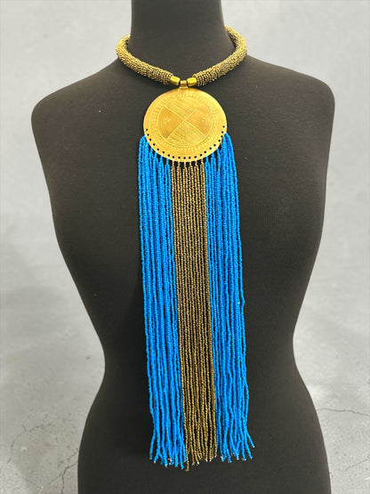 African Handmade Blue Tassel Statement Necklace – Brass Medallion Fringe - Fatisha Boutique