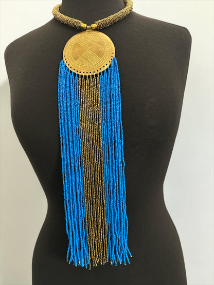 African Handmade Blue Tassel Statement Necklace – Brass Medallion Fringe - Fatisha Boutique