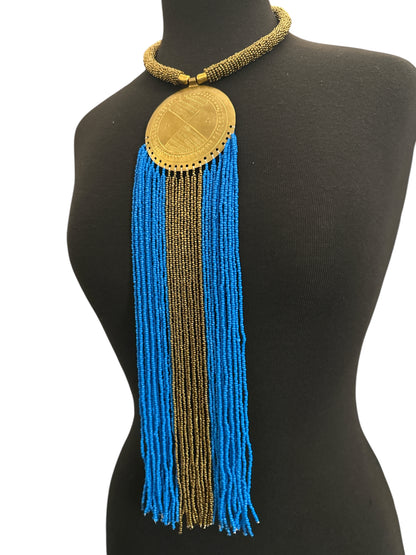 African Handmade Blue Tassel Statement Necklace – Brass Medallion Fringe - Fatisha Boutique