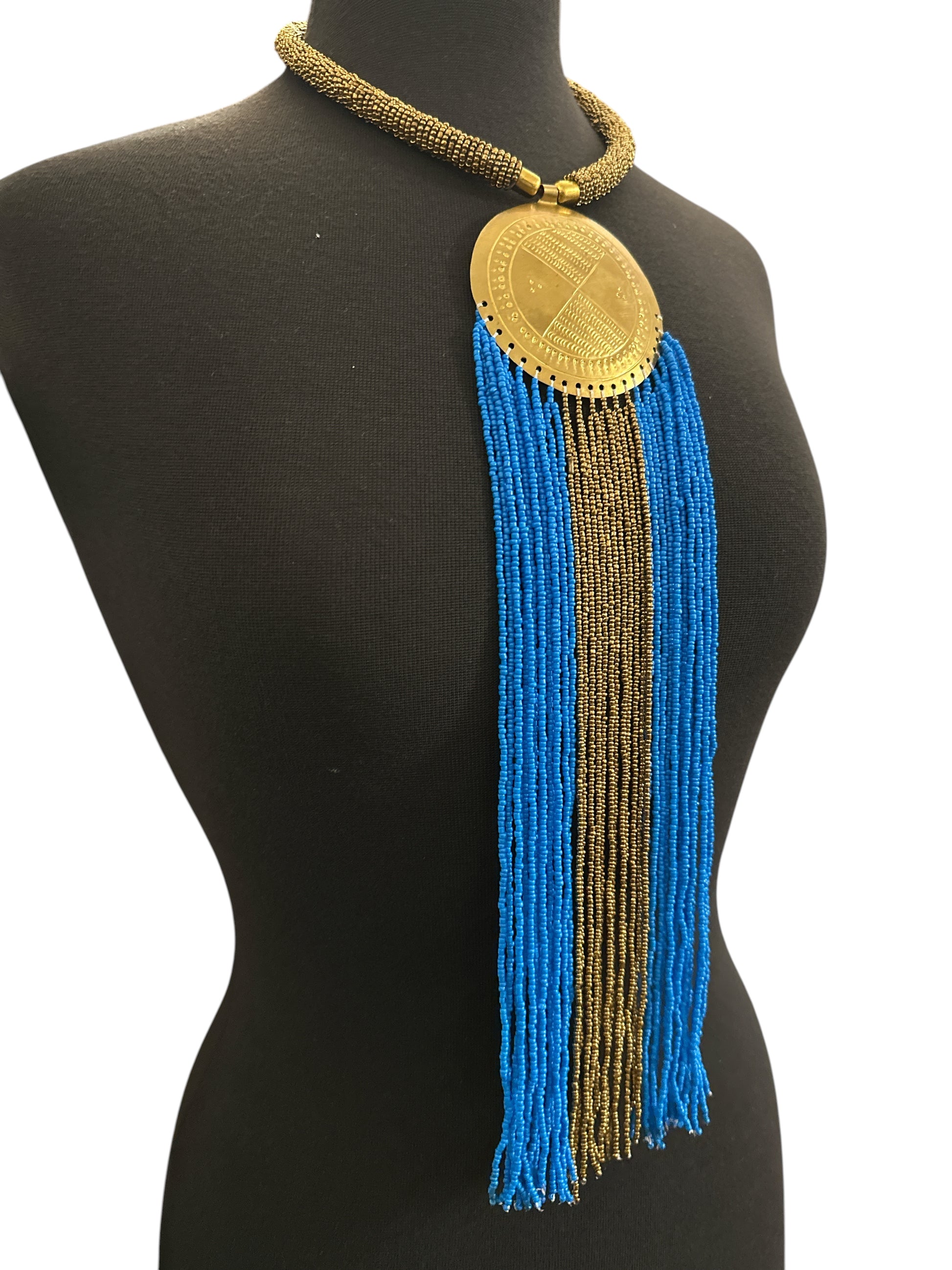 African Handmade Blue Tassel Statement Necklace – Brass Medallion Fringe - Fatisha Boutique