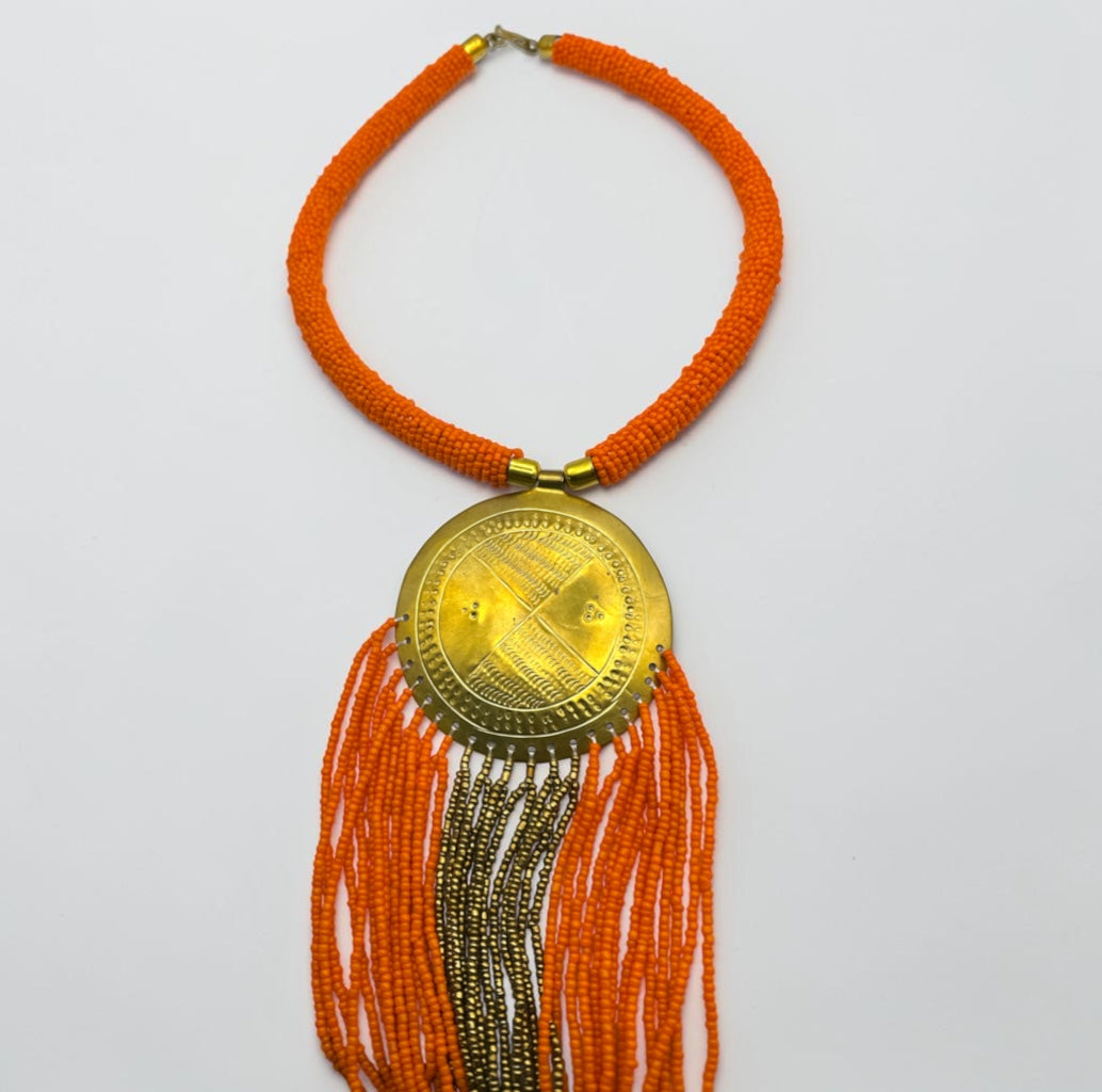 African Brass Pendant Necklace – Orange & Gold Beaded Fringe Statement - Fatisha Boutique Fatisha Boutique