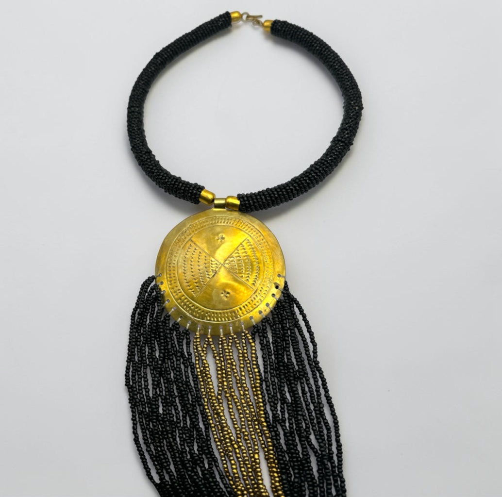 African Brass Pendant Necklace – Black & gold Beaded Fringe Statement - Fatisha Boutique