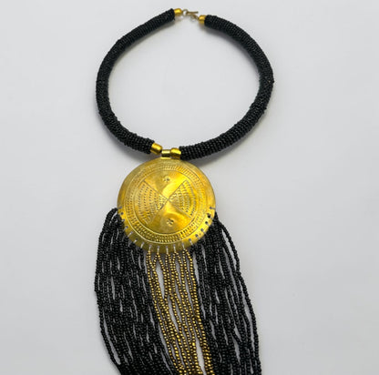 African Brass Pendant Necklace – Black & gold Beaded Fringe Statement - Fatisha Boutique