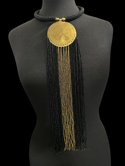 African Brass Pendant Necklace – Black & gold Beaded Fringe Statement - Fatisha Boutique