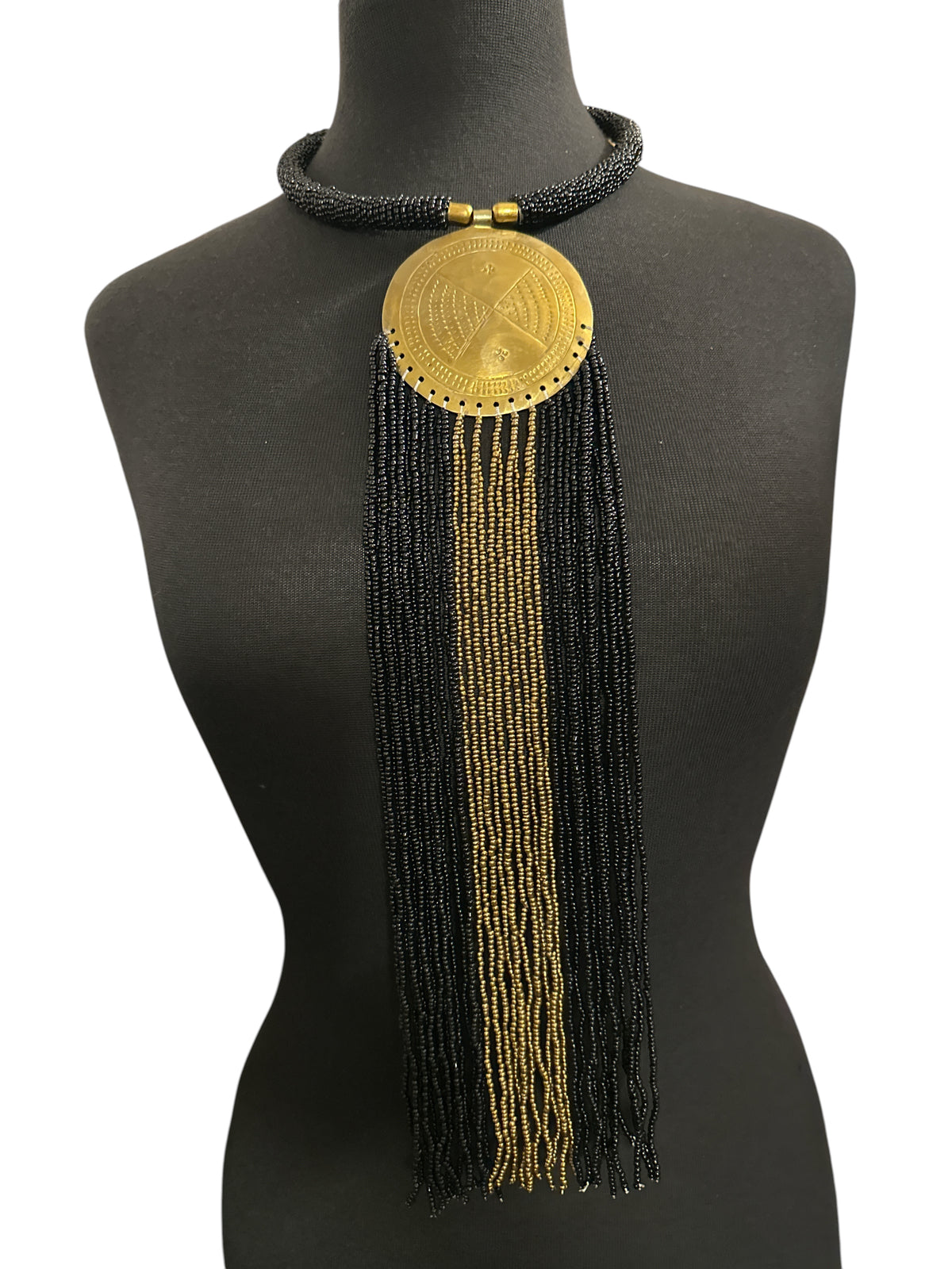 African Brass Pendant Necklace – Black & gold Beaded Fringe Statement - Fatisha Boutique Fatisha Boutique